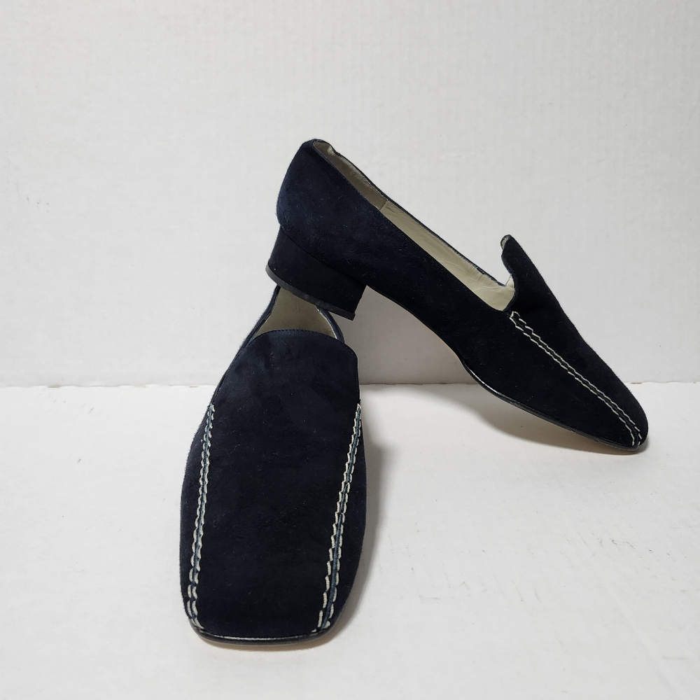 Vintage Laura Ashley Leather Blue Suede Loafers Heels Shoes 37 7 - Picture 2 of 8